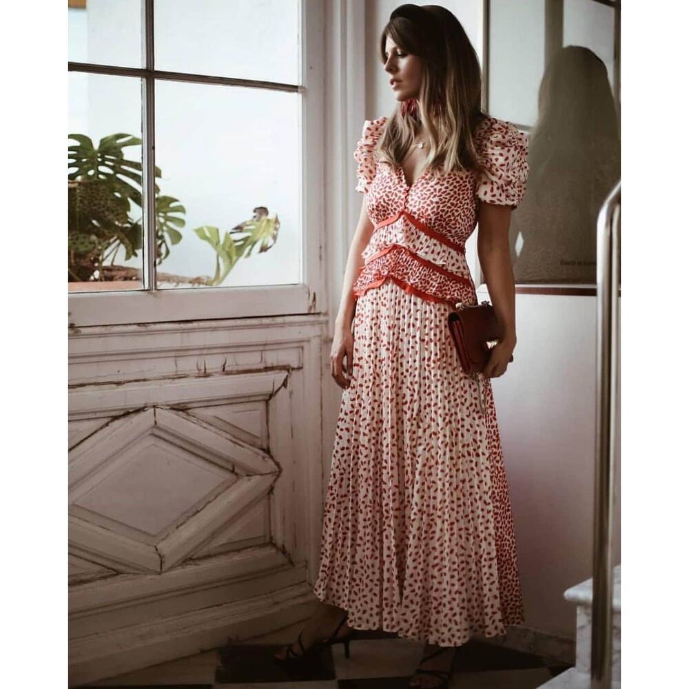 Self-Portrait Dot Satin Printed Dress Red Cream Size 0 Pleated Ruffles Chic Sexy